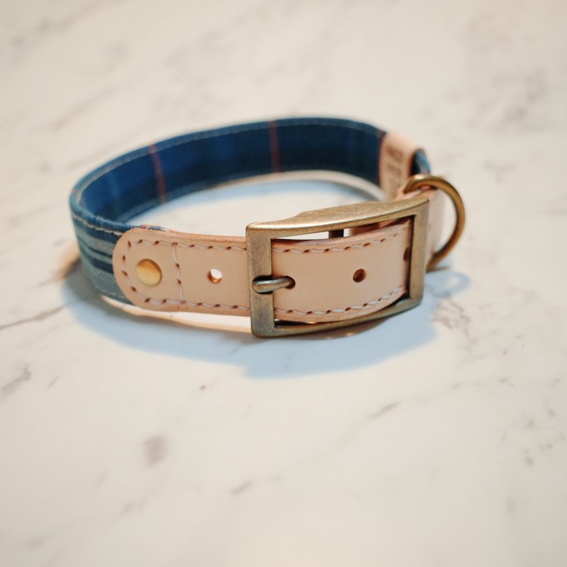 狗 L号 项圈 土耳其的风采 蓝绿色 格纹 日本布 附铃铛 - 项圈/牵绳 - 棉．麻 