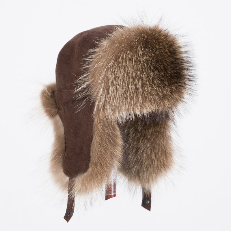 Ushanka 毛皮帽 浣熊毛皮帽 男女通用 真毛皮帽 捕手帽 飞行员毛皮帽 - 帽子 - 羊毛 咖啡色