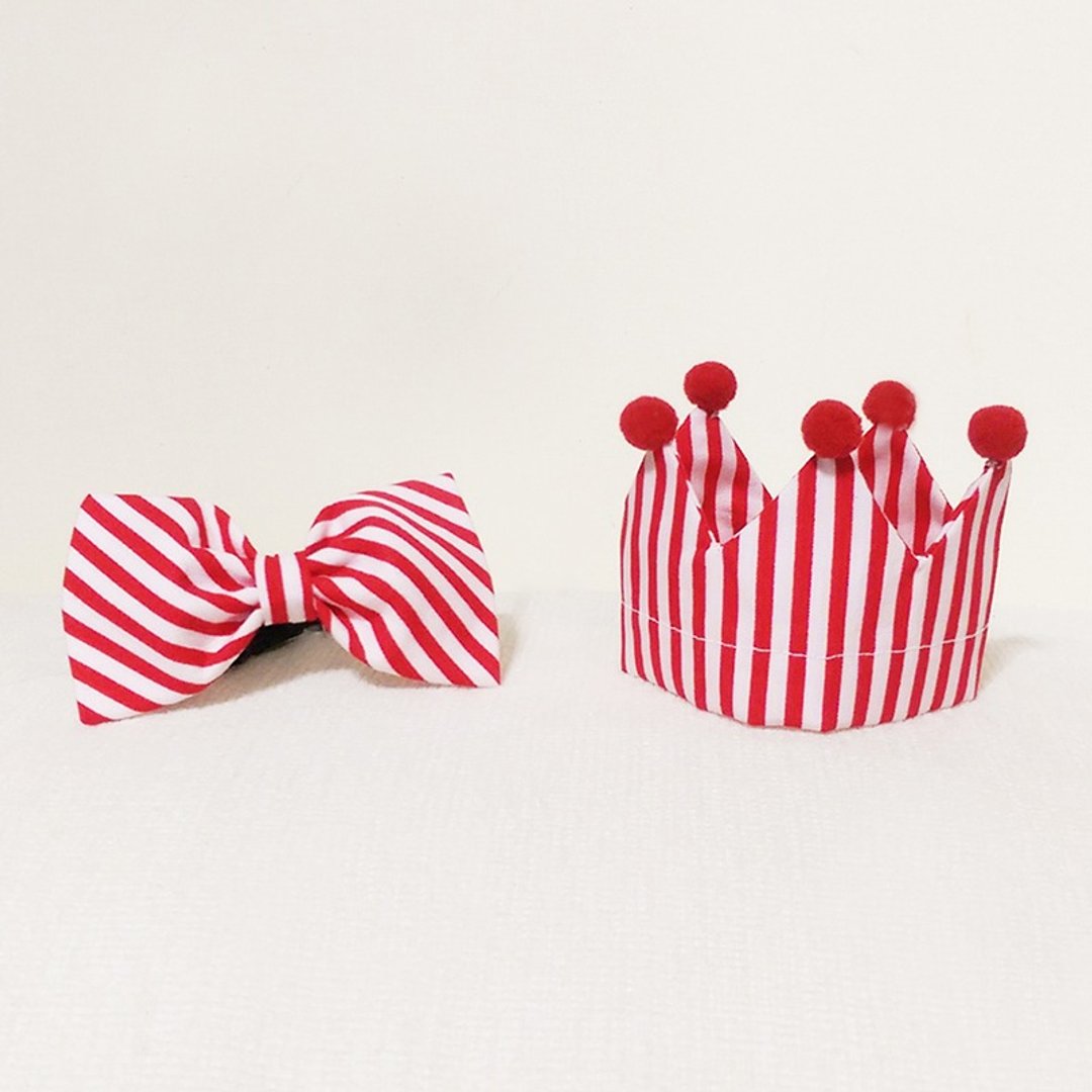Ella Wang Design Crown 皇冠帽 + Bowtie 领结 宠物 庆生 套组 - 项圈/牵绳 - 棉 红色