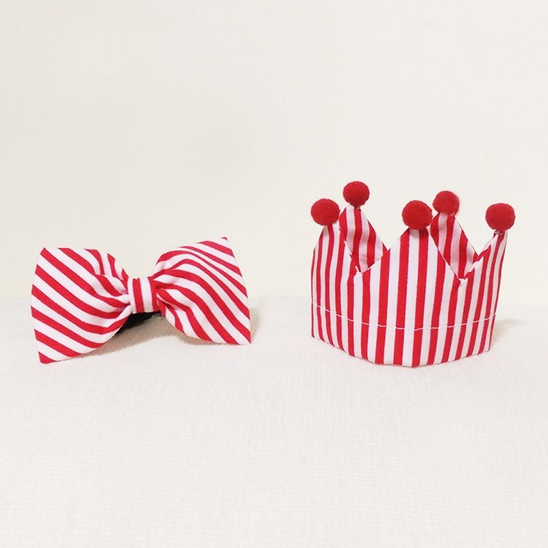 Ella Wang Design Crown 皇冠帽 + Bowtie 领结 宠物 庆生 套组 - 项圈/牵绳 - 棉．麻 红色