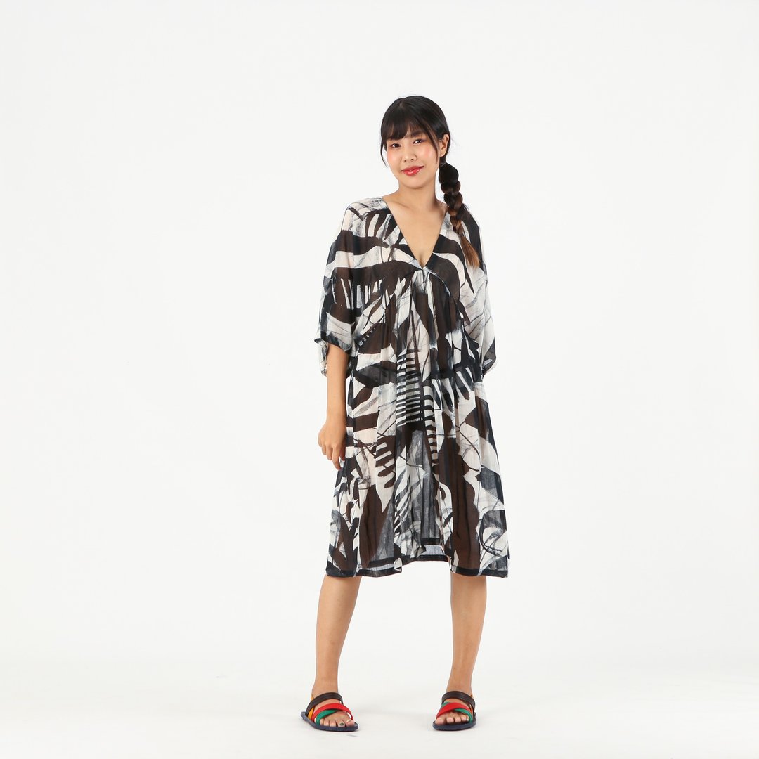 Short Dress Cotton Voile Hand Paint Free Size - 洋装/连衣裙 - 棉 白色