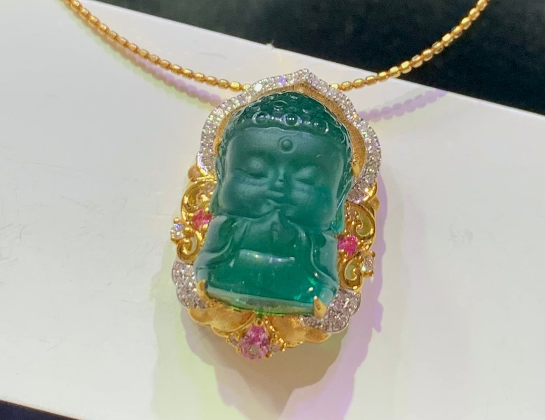 稀缺顶尖玻璃体蓝绿碧玺宝宝佛 18k金完美镶嵌 佛重3.05g - 吊饰 - 宝石 