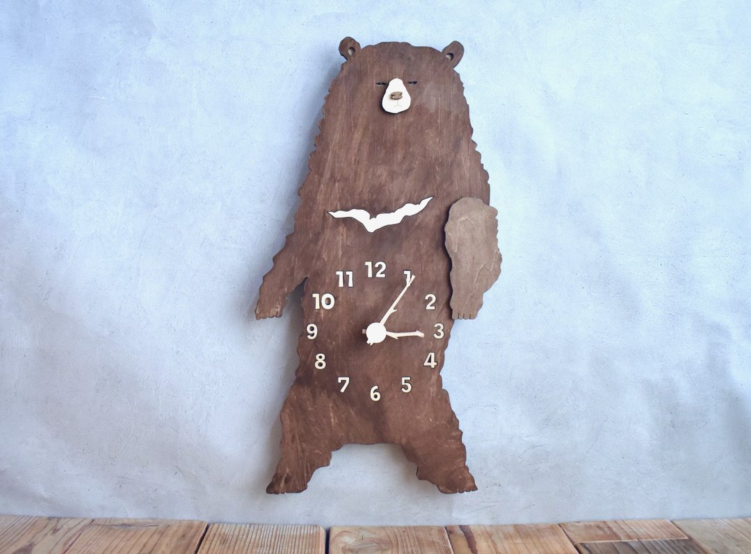 Waking up black bear clock wooden pendulum clock wall clock - 时钟/闹钟 - 木头 卡其色