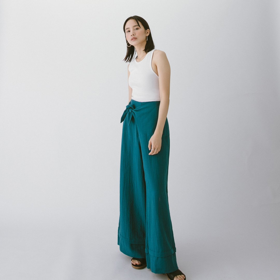 斜系带直筒裤 - 蓝绿 - 女装长裤 - 棉 绿色