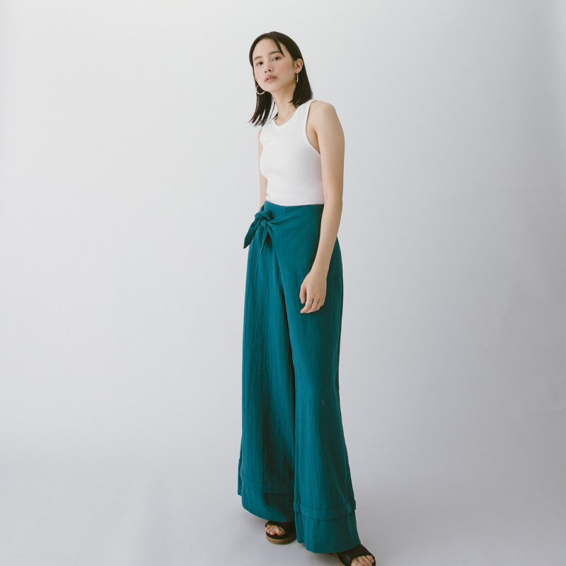 斜系带直筒裤 - 蓝绿 - 女装长裤 - 棉．麻 绿色
