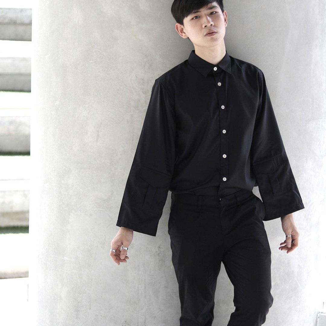 'Leonard' Wide Sleeve Shirt (Black) - 男装衬衫 - 棉 黑色