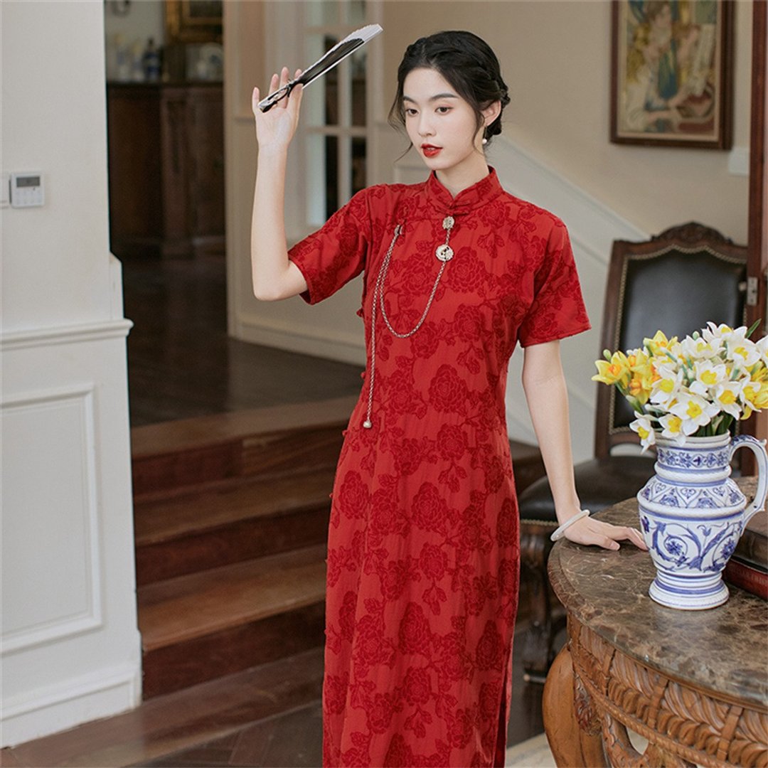 紅色 朱顔 暗紋剪花開衩盤扣旗袍  復古改良中式新娘敬酒服禮服 - 旗袍 - 聚酯纤维 红色