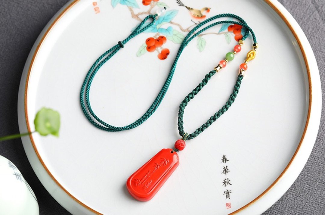 天然原矿朱砂精品红砂竹子吊坠  毛衣链 节节高升  竹报平安 - 项链 - 宝石 