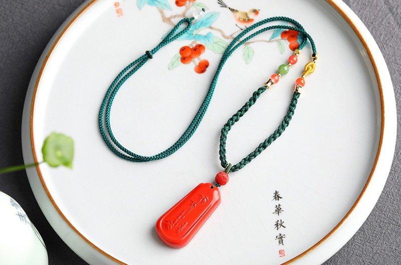 天然原矿朱砂精品红砂竹子吊坠  毛衣链 节节高升  竹报平安 - 项链 - 宝石 
