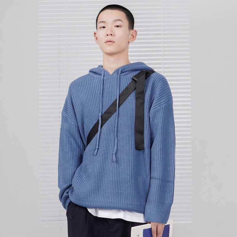 蓝色连帽套头针织衫 毛衣 宽松休闲 男女同款 抽绳 - 男装上衣/T 恤 - 羊毛 蓝色