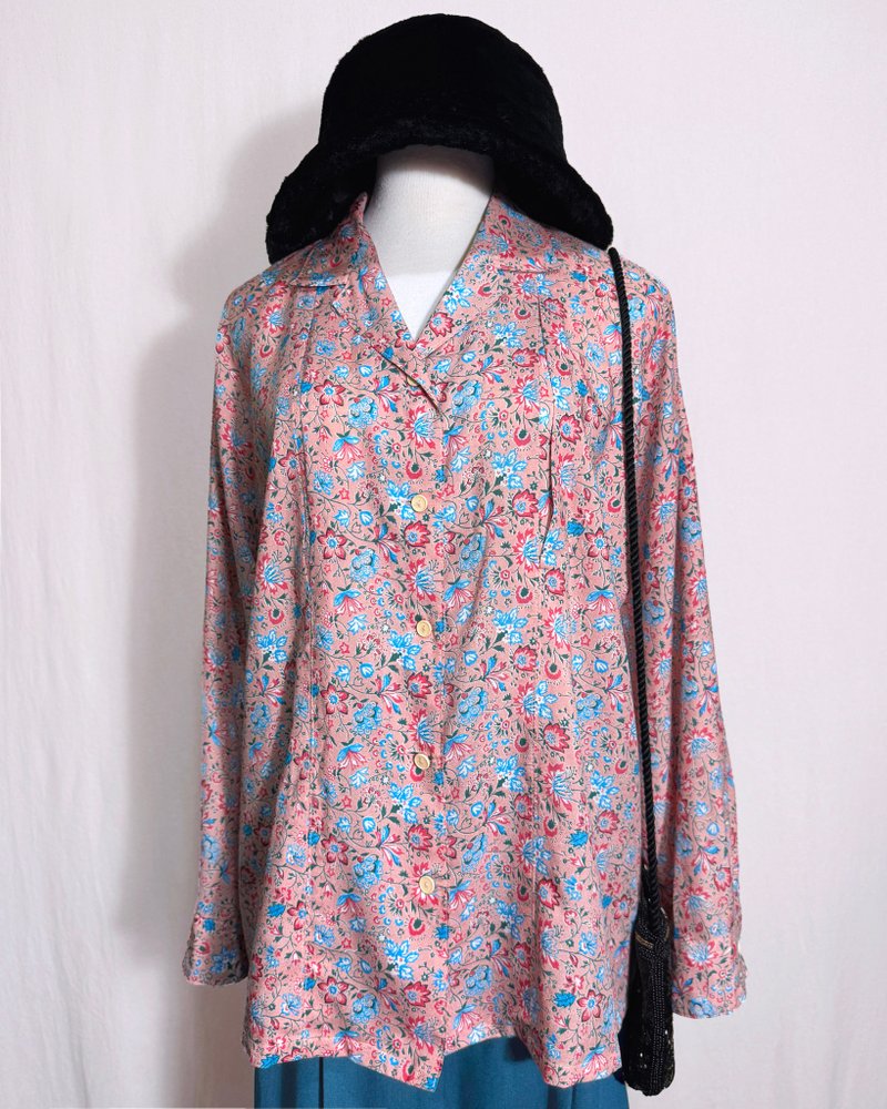 粉色花朵连袖古着衬衫/ 国外带回 VINTAGE - 女装衬衫 - 聚酯纤维 粉红色