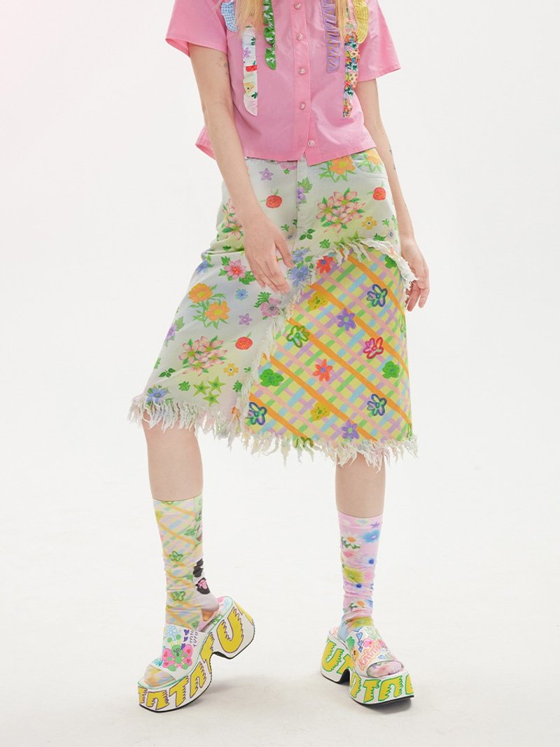 拼接花朵 碎花格纹 A字高腰流苏印花半裙 - 裙子 - 其他材质 多色