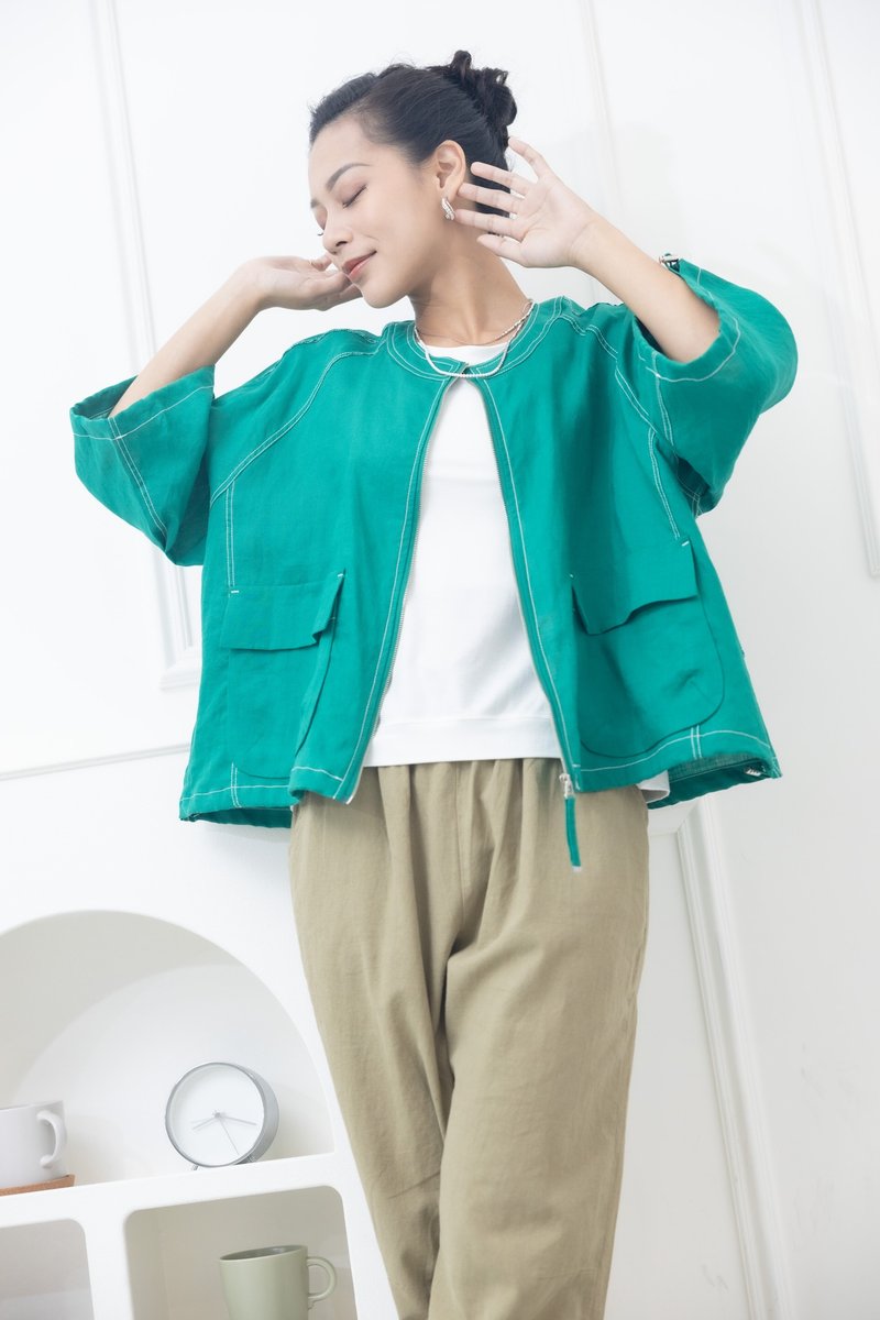 中山领白色车线袖口抽绳外套 绿色 - 女装休闲/机能外套 - 其他材质 绿色