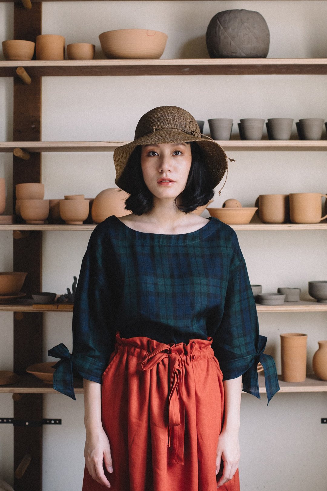 Tunic top with bow tie in Green Gingham - 女装上衣 - 棉 绿色