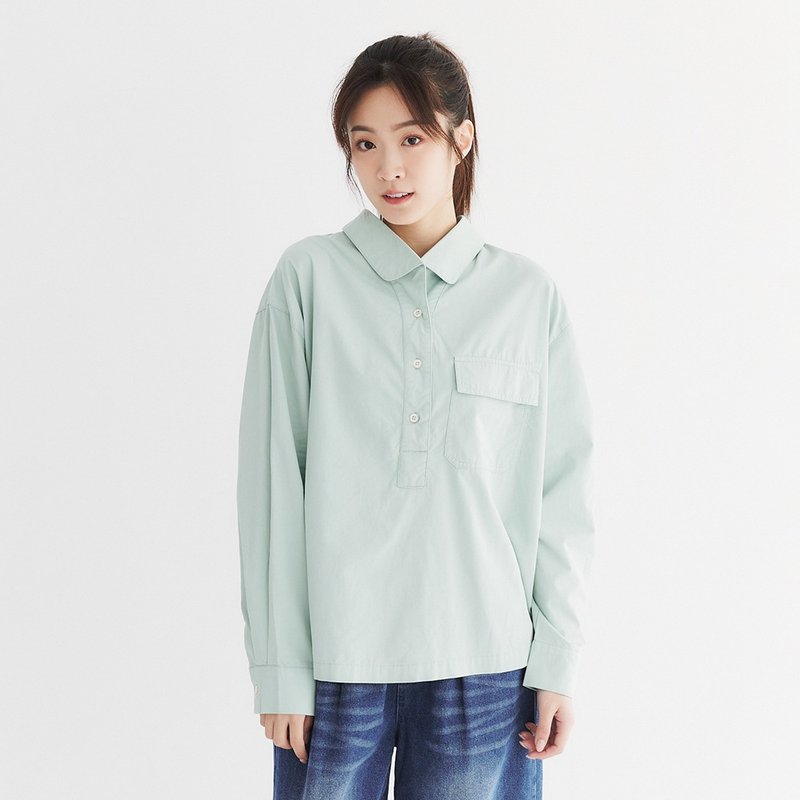 【Simply Yours】圆领片半开襟长袖衬衫 蓝F - 女装上衣 - 棉．麻 蓝色