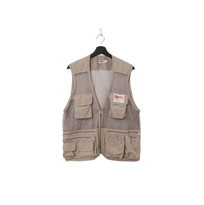 Back to Green-经典钓鱼背心 浅卡其 网格徽章 v-24/vintage vest - 女装背心 - 聚酯纤维 