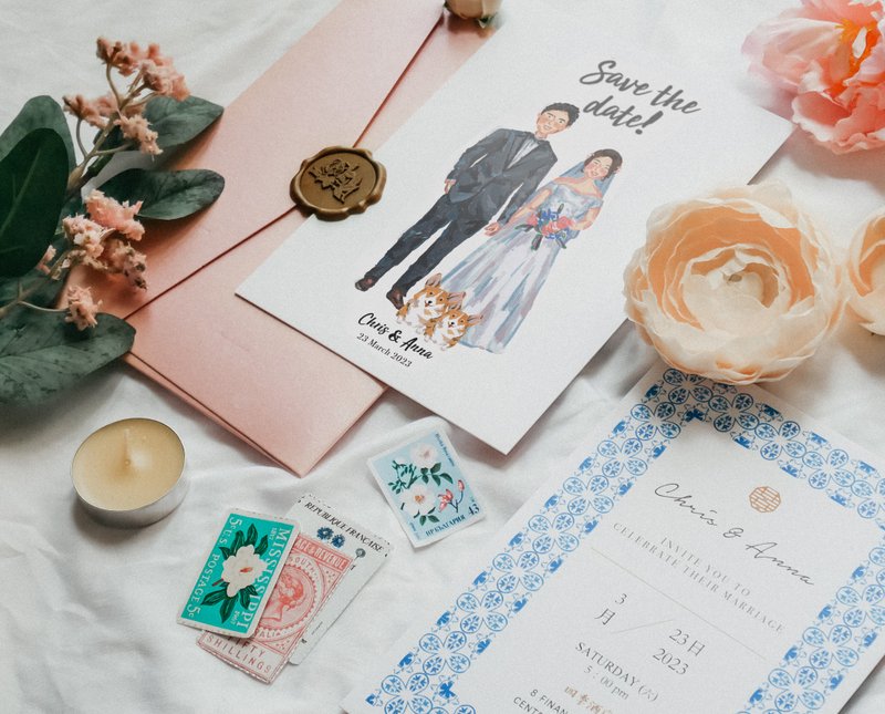 喜帖人物插画订制 | 摩洛哥蓝 - 喜帖 - 纸 粉红色