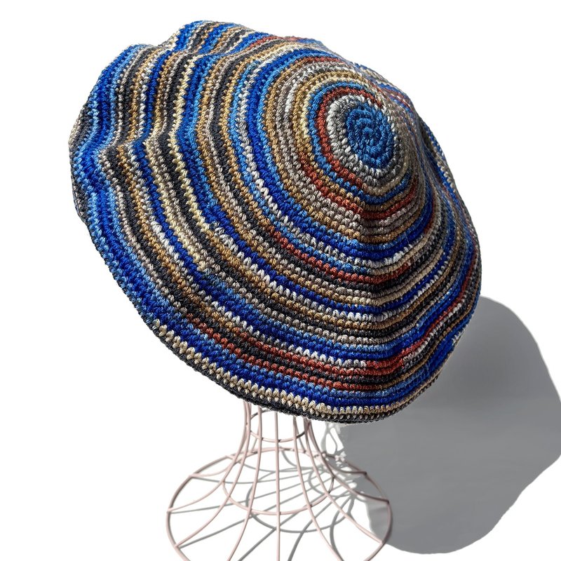 【Crochet Tam】 条纹贝蕾帽 MULTI BLUE - 帽子 - 棉．麻 蓝色