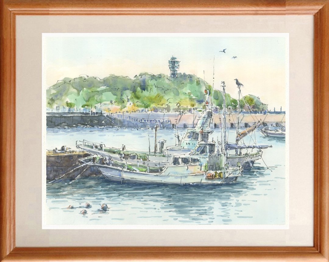 Original watercolor painting Enoshima and Koshigoe Fishing Port A - 海报/装饰画/版画 - 纸 蓝色