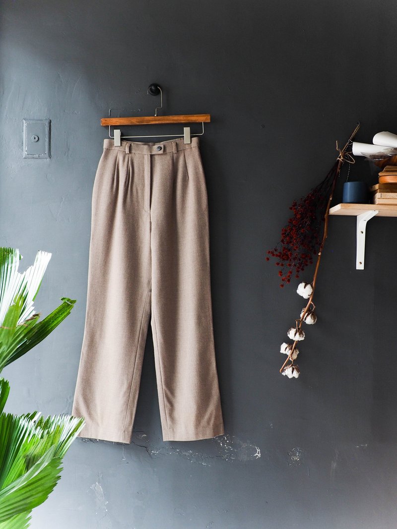 知性杏色青春电幻物语 羊质毛呢古董直筒宽裤 古着 denim - 女装长裤 - 羊毛 卡其色