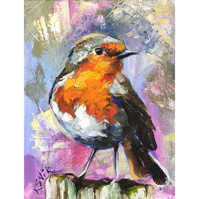 Robin Bird Painting Bird Oil Painting Animal Original Art Small Artwork - 海报/装饰画/版画 - 其他材质 多色