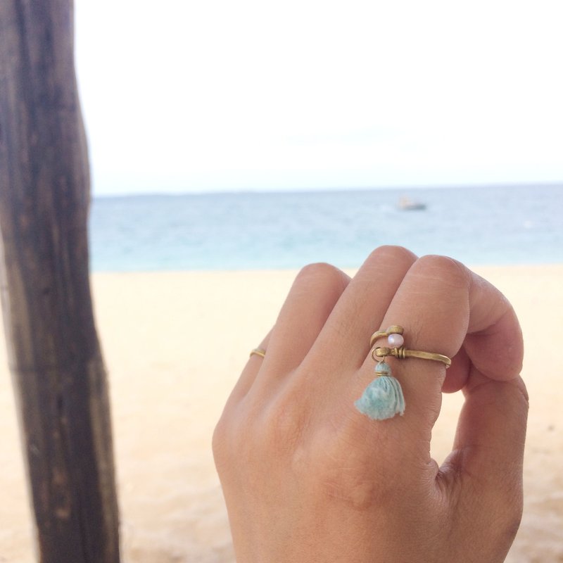 老林杂货Travelin 小三角  黄铜珍珠锻敲戒指 - 戒指 - 绣线 绿色