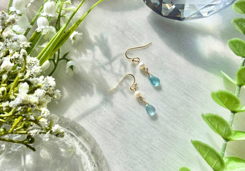 海蓝宝耳环 光滑水滴形海蓝宝 淡水珍珠耳环 海蓝宝 淡水珍珠 - 耳环/耳夹 - 水晶 多色