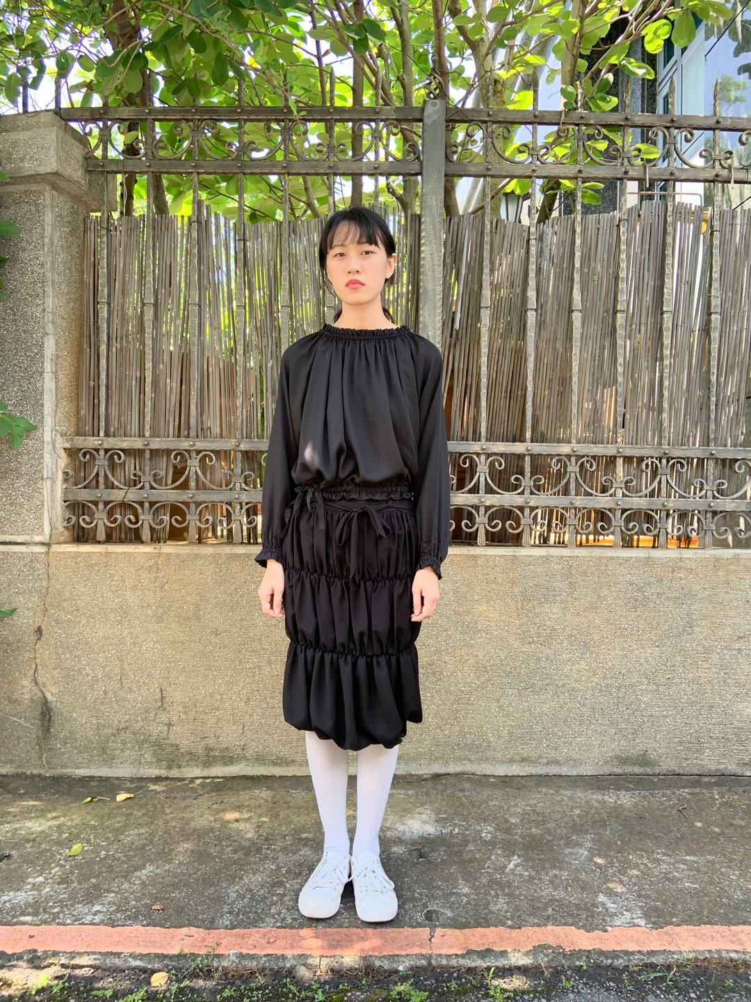 领口袖子缩口长袖上衣 - 女装 T 恤 - 棉 