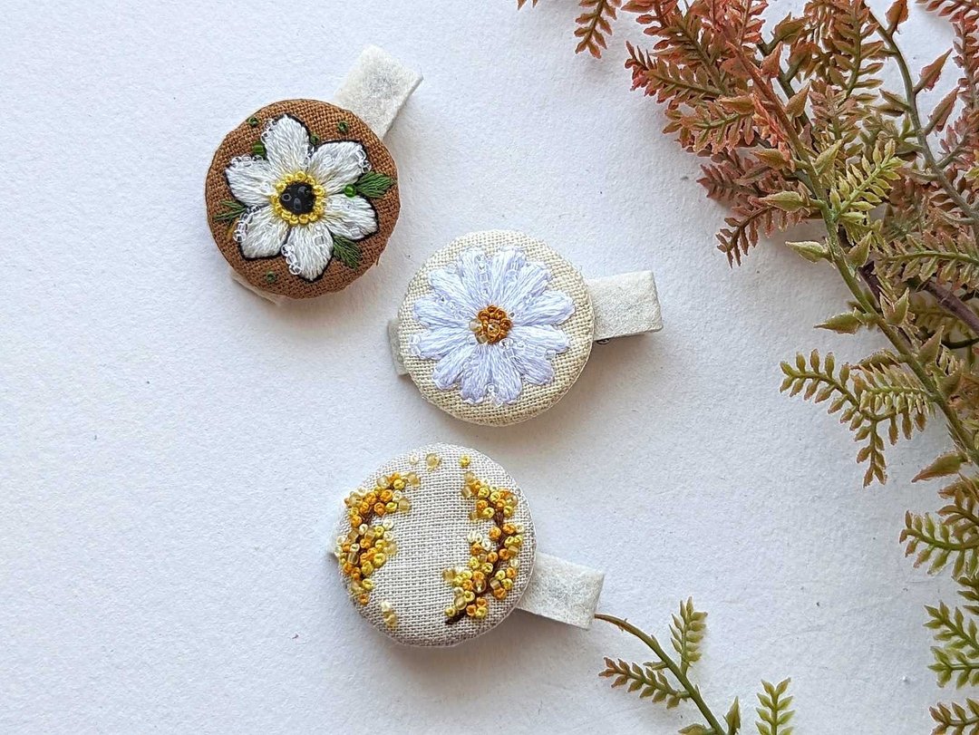 刺绣发夹 亚麻按扣夹 鲜花饰品 洋甘菊发夹 - 婴儿饰品 - 其他材质 
