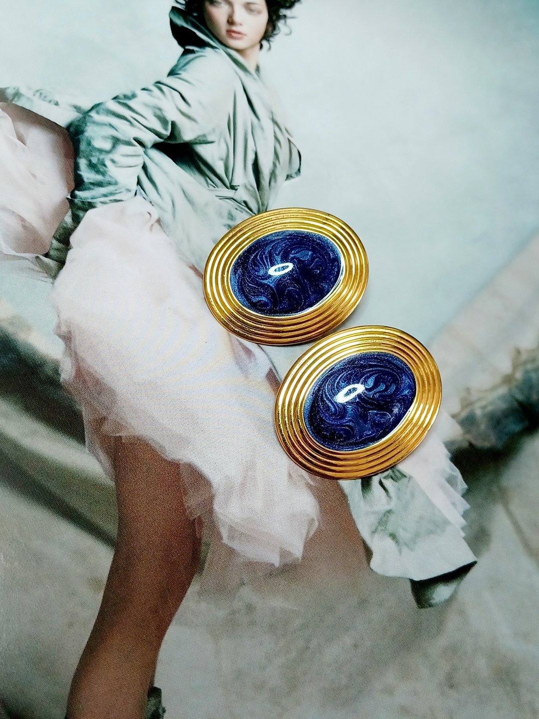 vintage jewelry  椭圆流体珐琅夹式耳环 - 耳环/耳夹 - 其他金属 