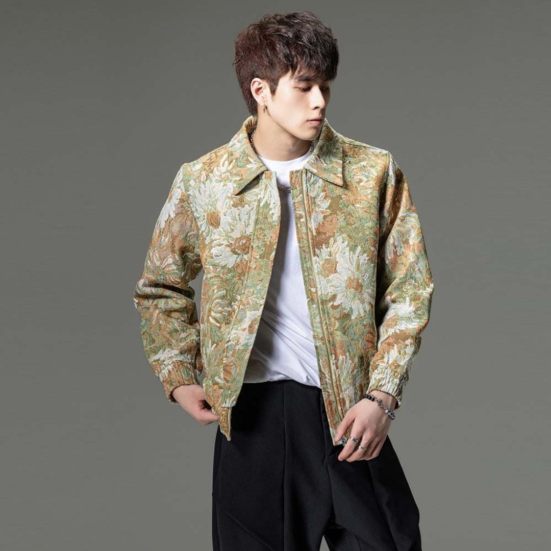 提花翻领夹克 雏菊油画复古休闲男外套 - 男装外套 - 聚酯纤维 
