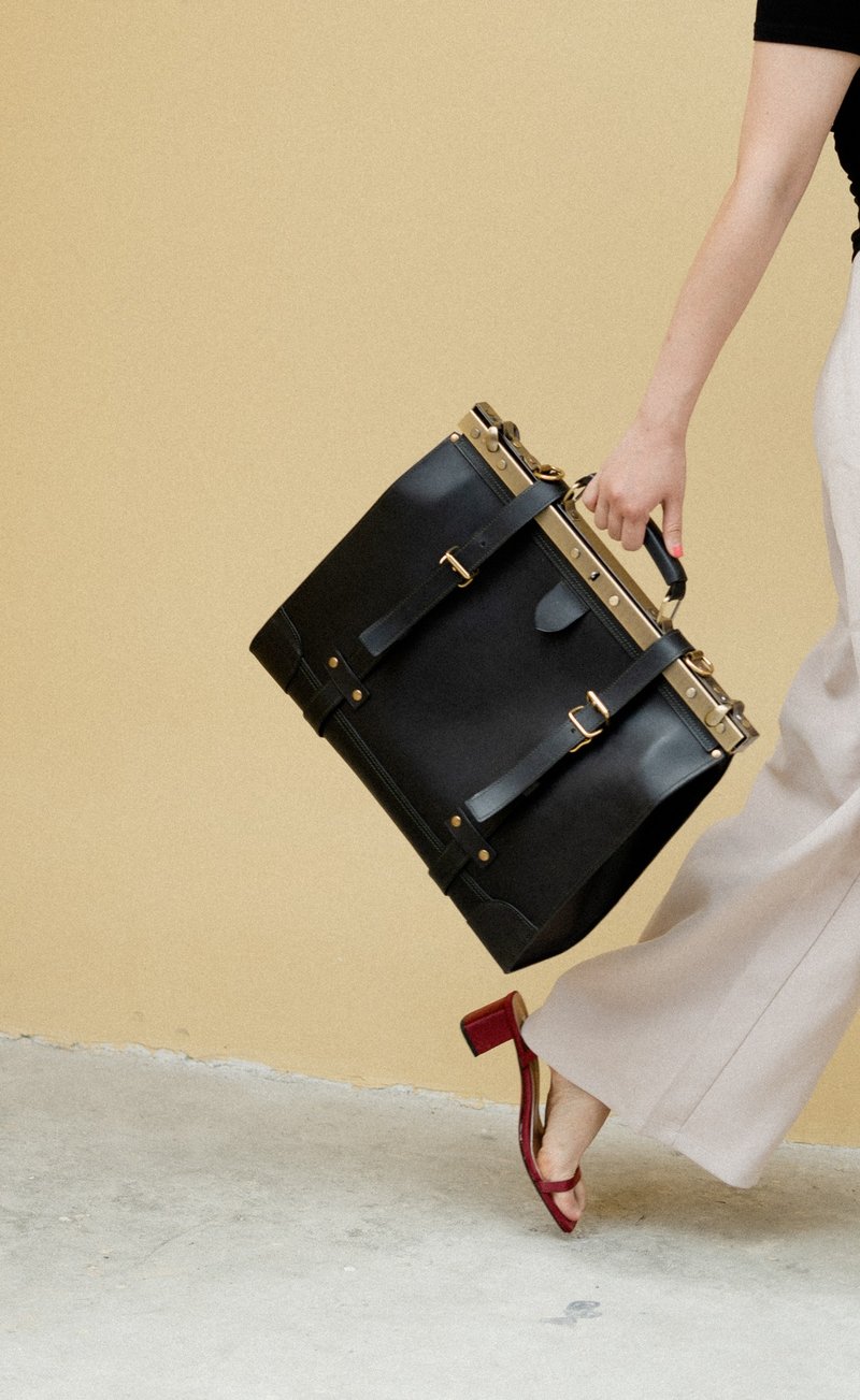 【男女通用】【圣诞礼物】【情侣优选】【气质专属】复古口金包 - 公文包/医生包 - 真皮 黑色