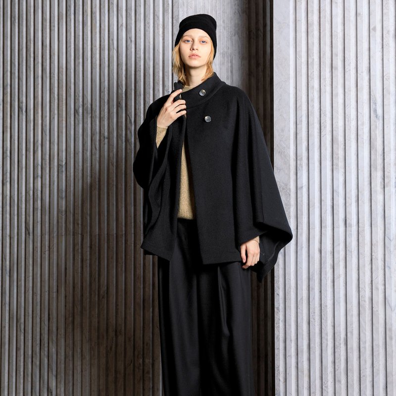 立领双扣结构斗篷外套 - 女装休闲/机能外套 - 其他材质 黑色