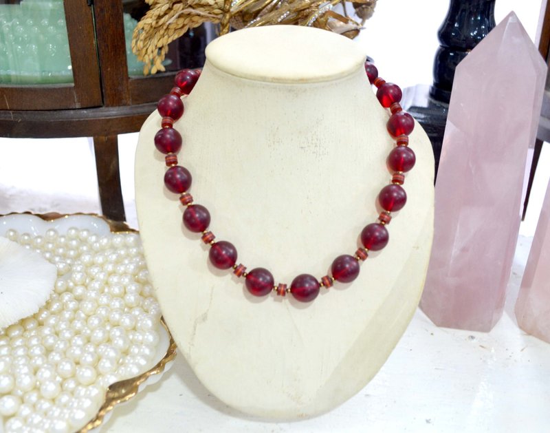 红褐色树脂圆珠拼小珠子项链 贵妇淑女 日本高级二手古着珠宝首饰 - 项链 - 其他材质 红色