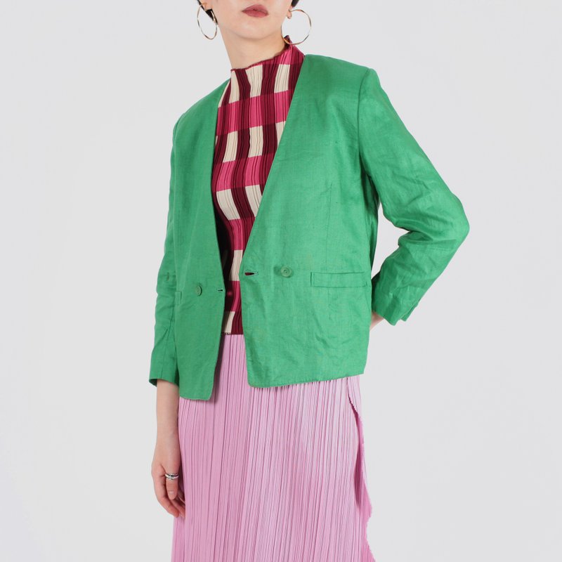 【蛋植物古着】绿茵川流麻质古着西装外套 - 女装西装外套/风衣 - 棉．麻 绿色