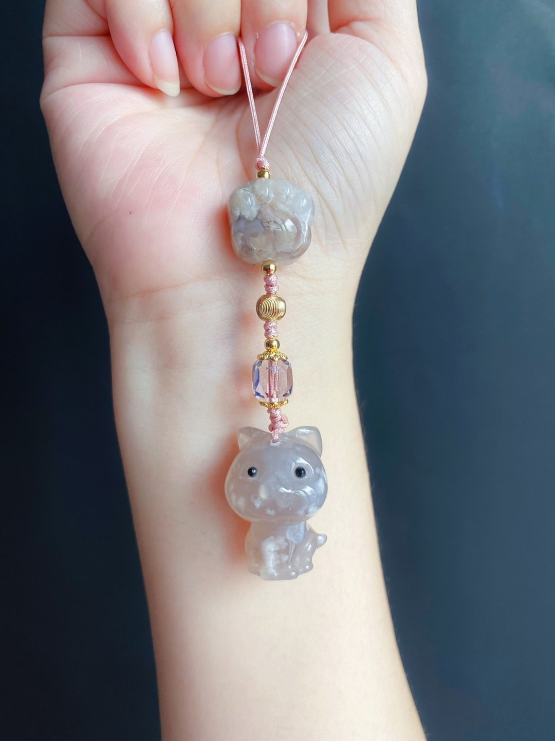 樱花玛瑙 猫 星星 可爱 手机链 吊饰 天然石 礼物 包挂 猫奴必备 - 吊饰 - 水晶 灰色