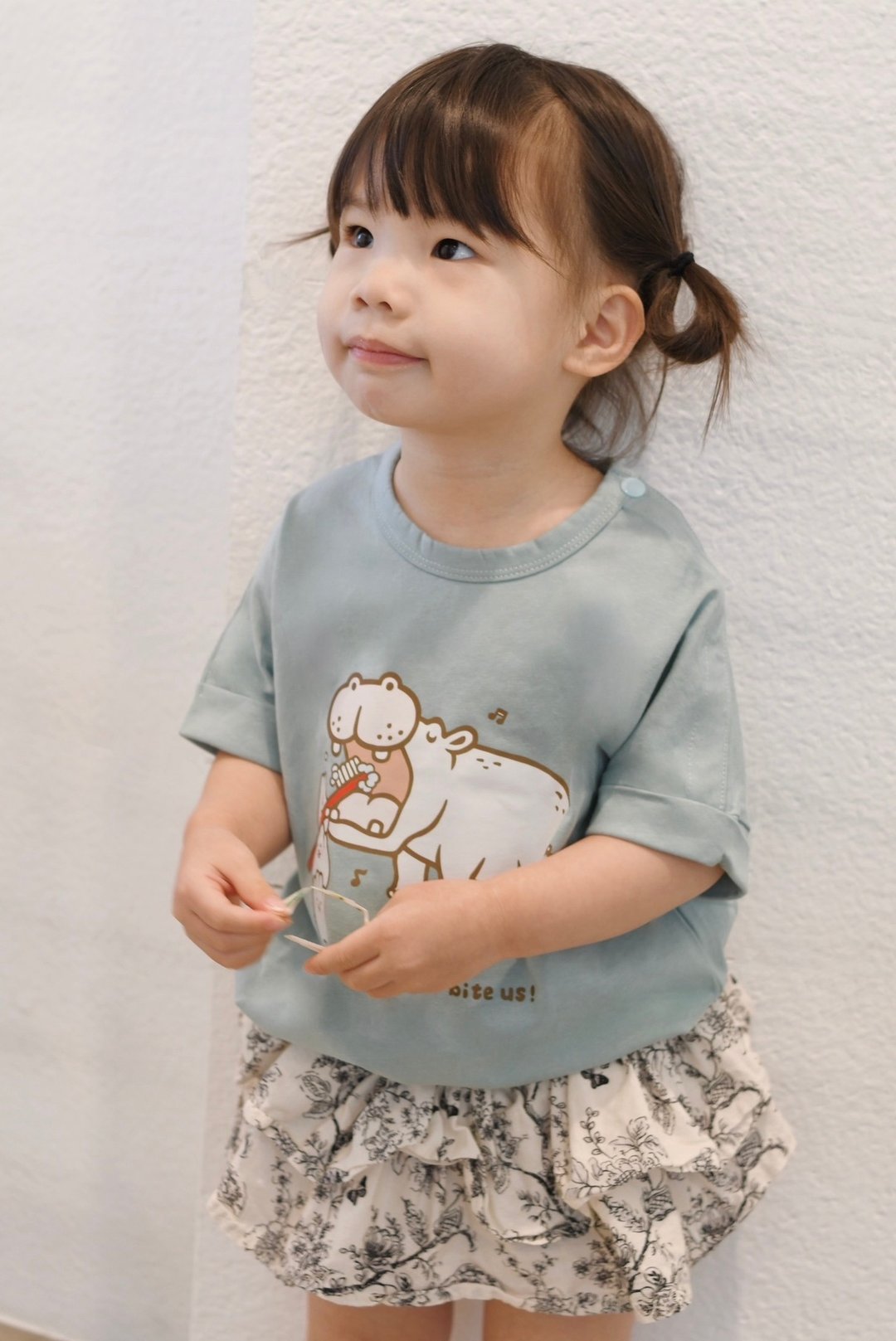 Kid-河马刷刷牙小孩 T-shirt(薄荷绿) - 童装上衣 - 棉．麻 绿色