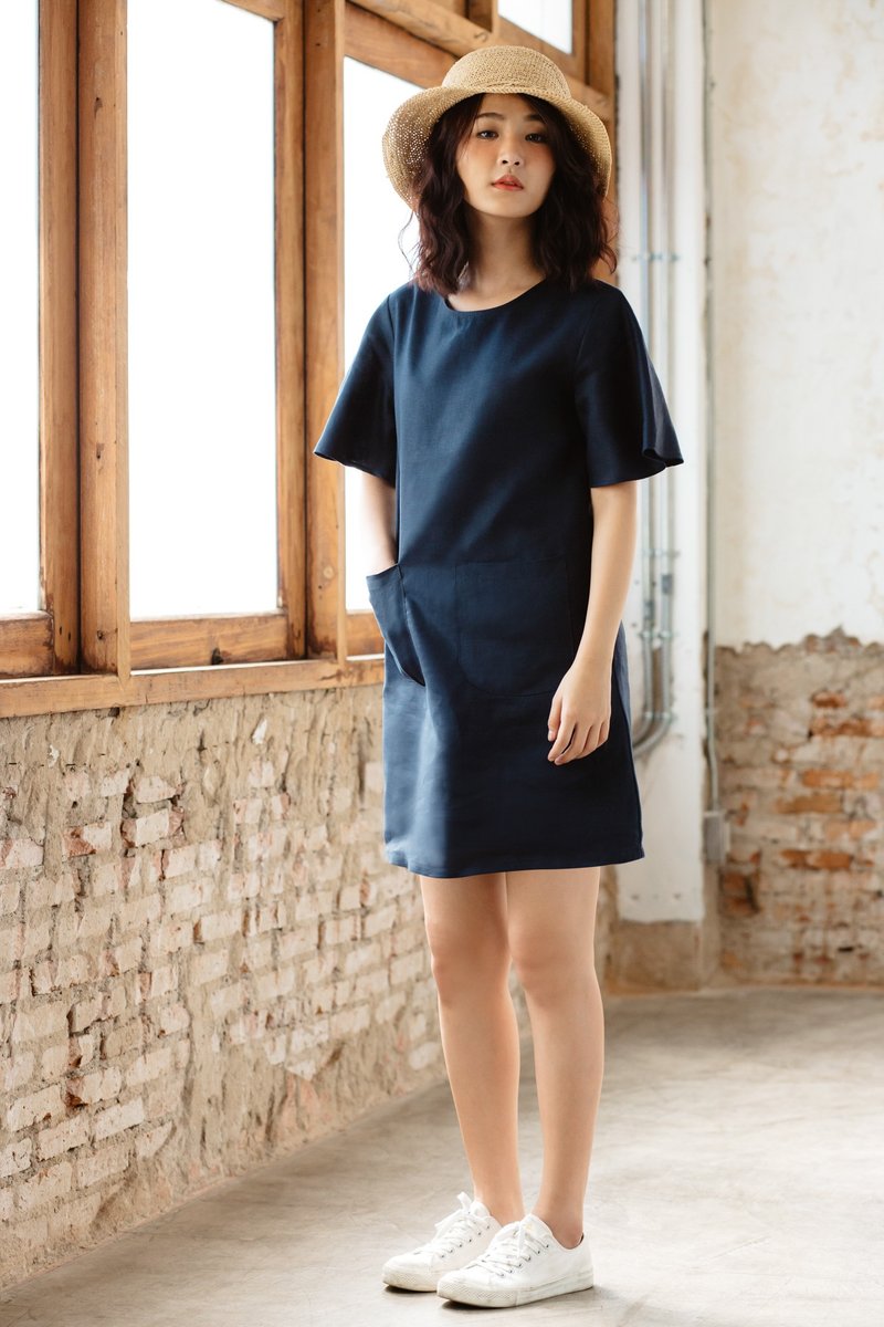 亚麻制扇形袖连身短裙-海军蓝 - 洋装/连衣裙 - 棉．麻 蓝色