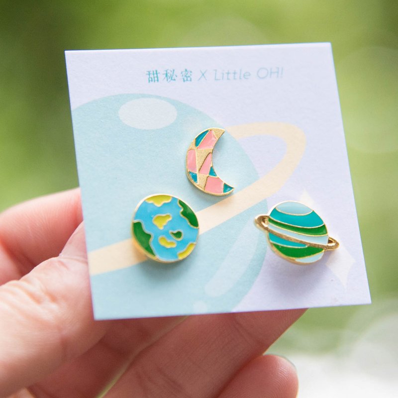 神秘宇宙  地球 月亮 我的小星球 戴上耳朵吧 - 耳环/耳夹 - 珐琅 蓝色