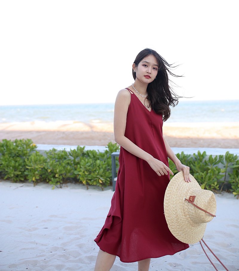 Gypso 棉麻质无袖洋装 (含缎带) - 红宝石色 - 洋装/连衣裙 - 亚麻 红色