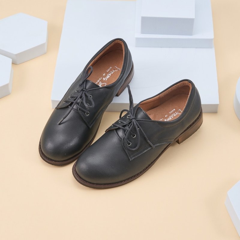 足弓支撑_素面圆头木跟德比鞋 黑色 - 女款牛津鞋/乐福鞋 - 真皮 黑色