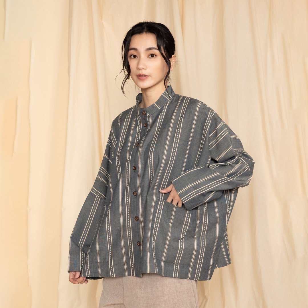 手织布_秋声立领宽袖衬衫_穗风 - 女装衬衫 - 棉 灰色