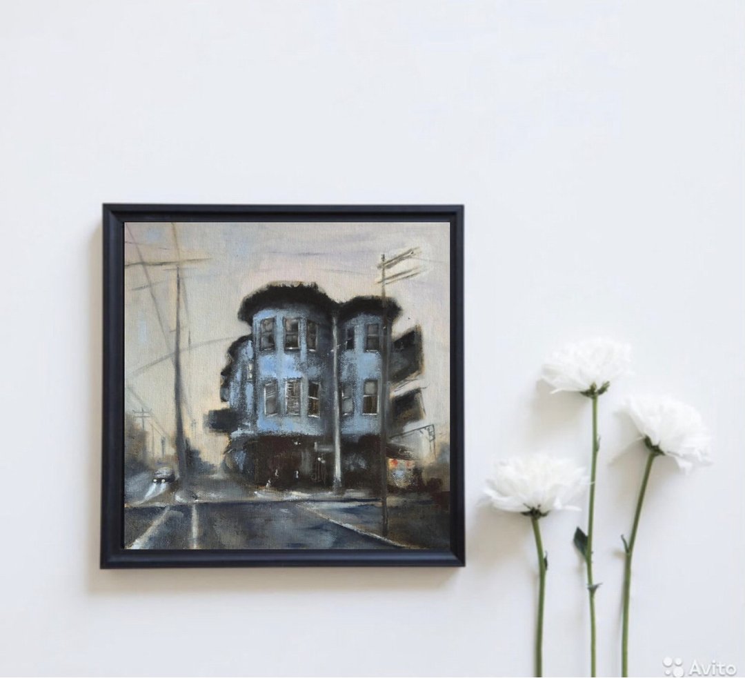Original oil painting Night City street house - 墙贴/壁贴 - 棉 灰色