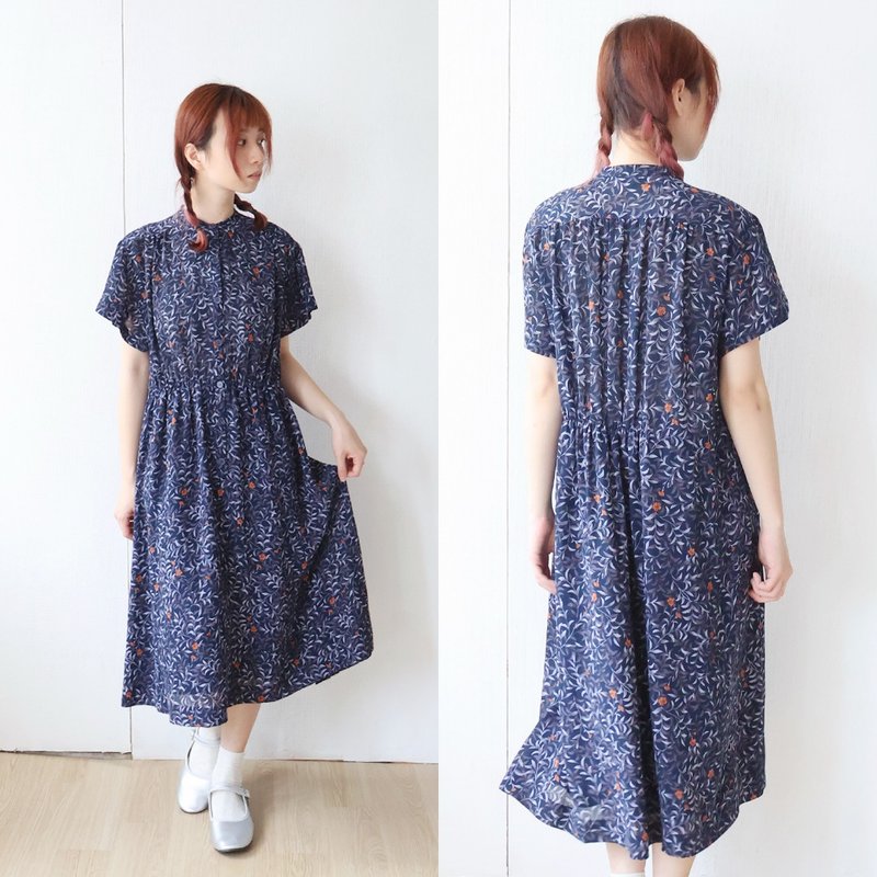 春夏日本制昭和风复古中山领碎花深蓝色短袖古着洋装 - 洋装/连衣裙 - 聚酯纤维 蓝色