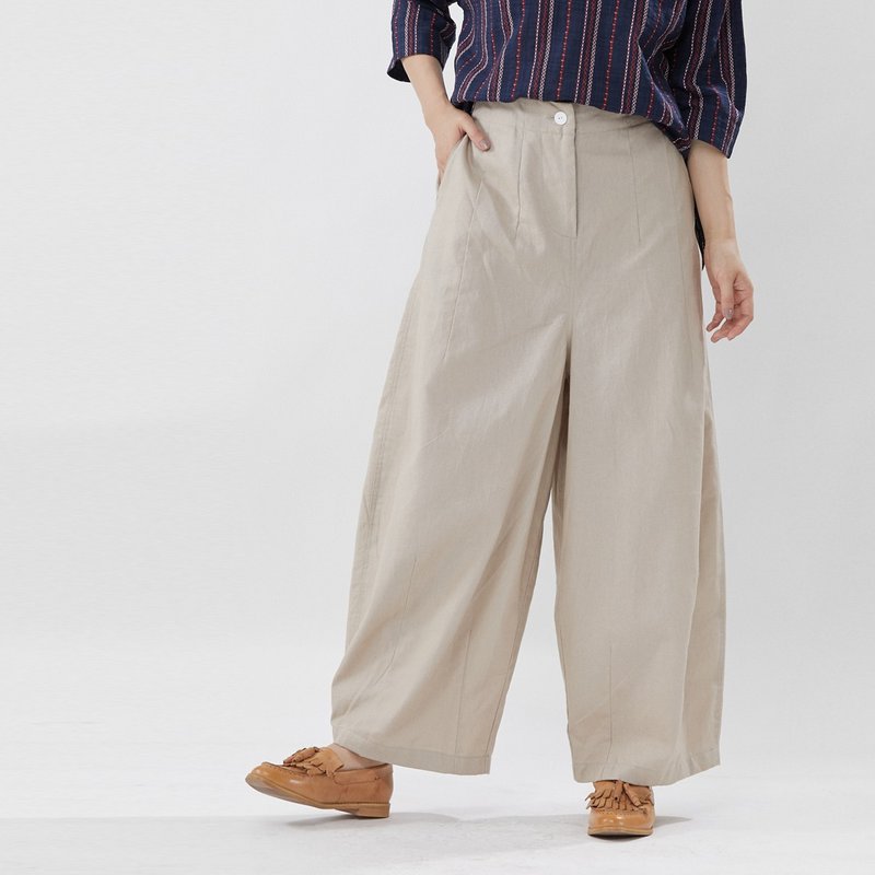 和風素面棉麻寬褲Gavin - 女装长裤 - 棉．麻 卡其色