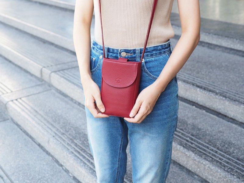 Toast (Burgundy) : Leather bag, Cross-body bag, Phone Bag, Mini Bag, Dark red - 手提包/手提袋 - 真皮 红色
