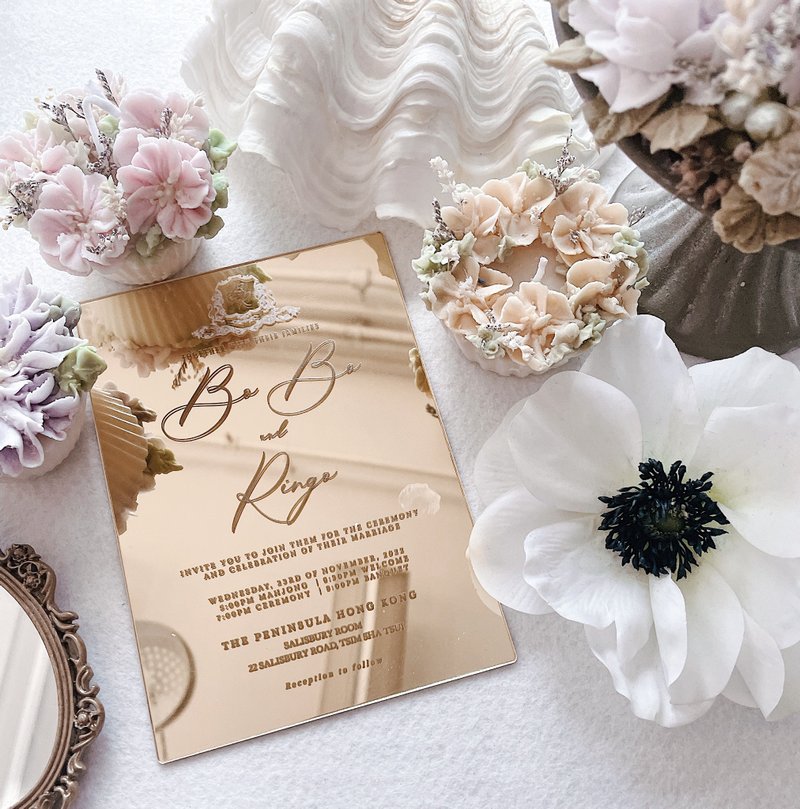 复古设计  欧式金色镜面ACRYLIC 结婚 喜帖 50 张起 - 喜帖 - 压克力 白色