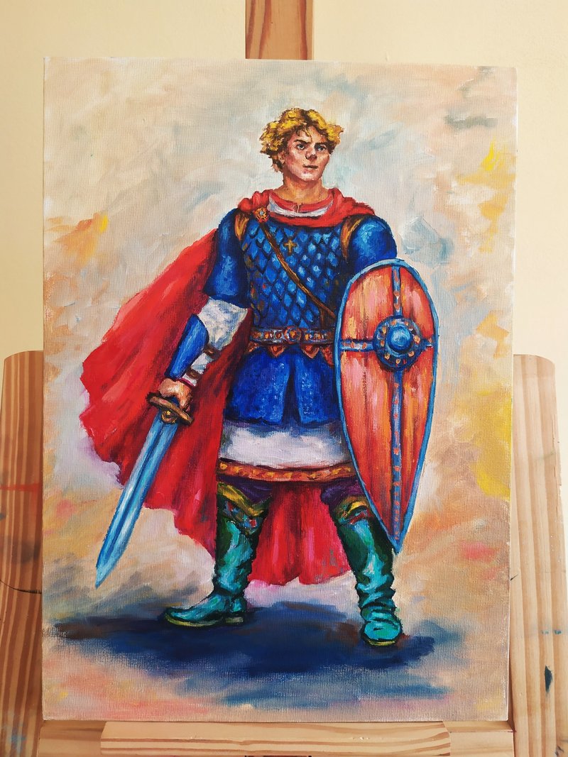 油画。俄罗斯民间传说。俄罗斯民间故事中的人物。阿廖沙 - 海报/装饰画/版画 - 纸 红色