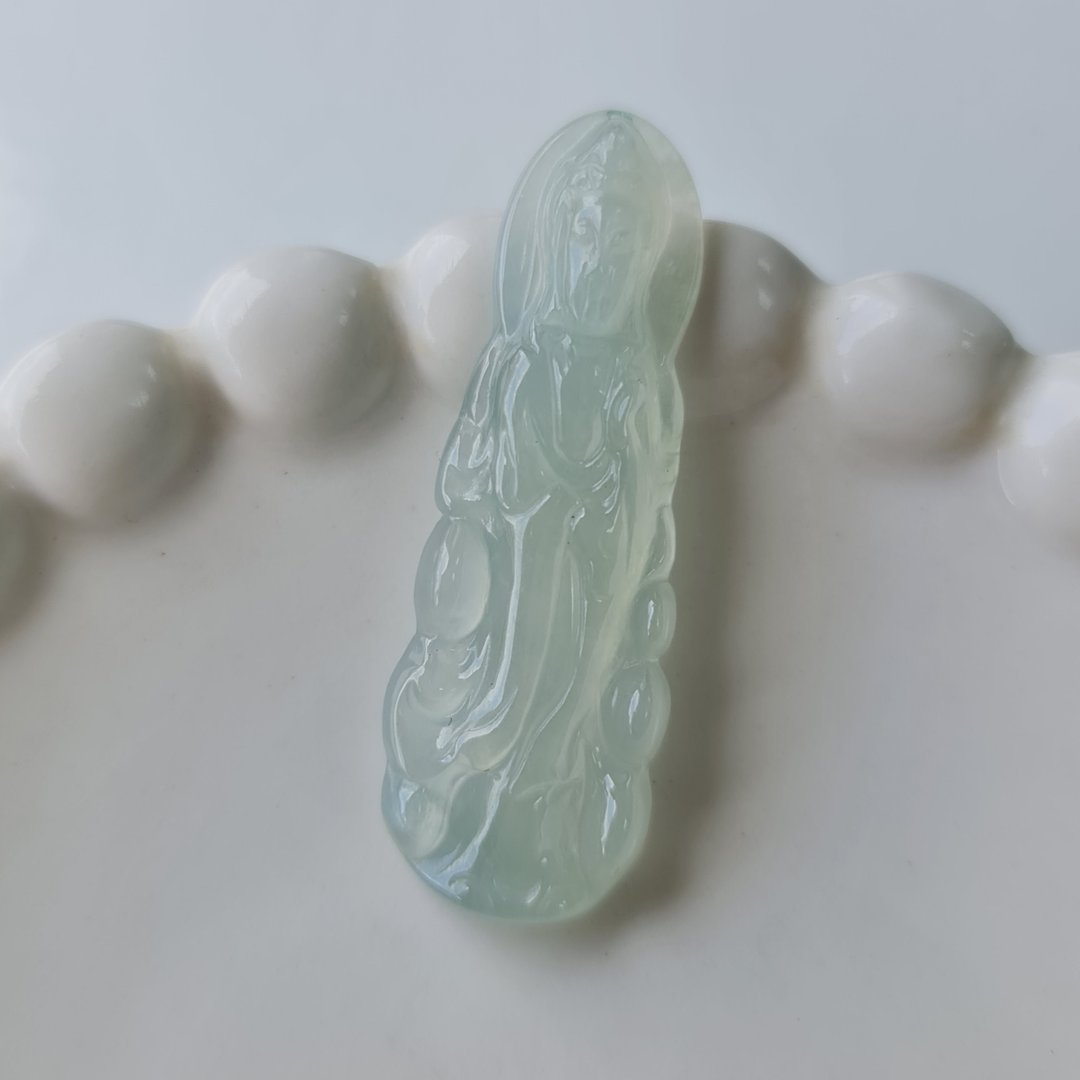 冰胶老种晴水满色站姿观音 | 天然缅甸玉A货翡翠 - 项链 - 玉石 