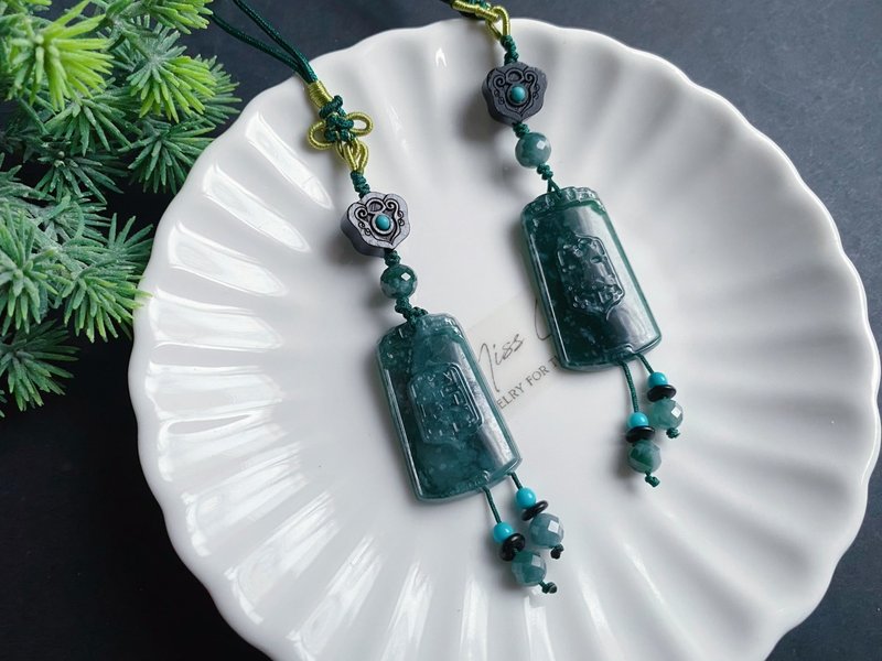 危地马拉危料 天然翡翠 黑檀木 绿松石 福运连连 仿古无事牌 包挂 - 吊饰 - 玉石 绿色